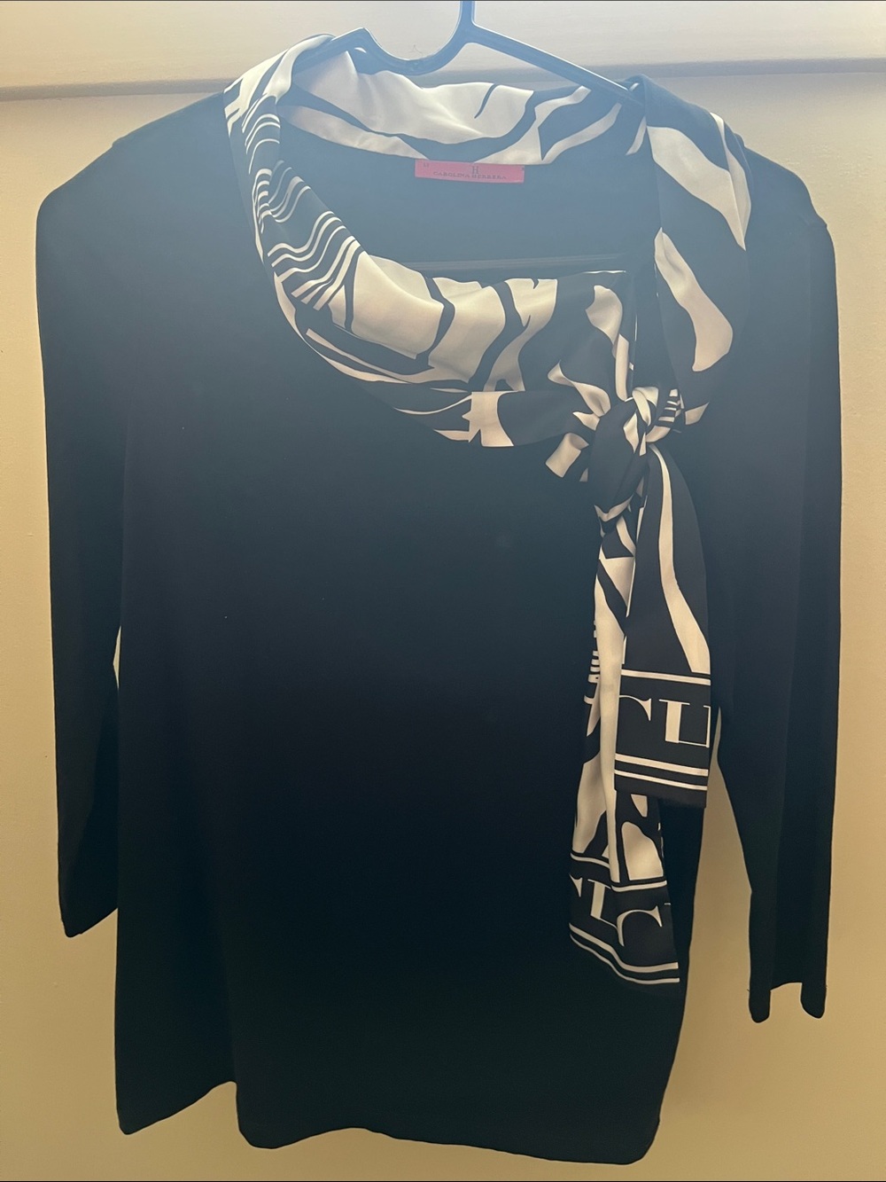 Carolina Herrera Black Long-Sleeve Top with Black & White Scarf